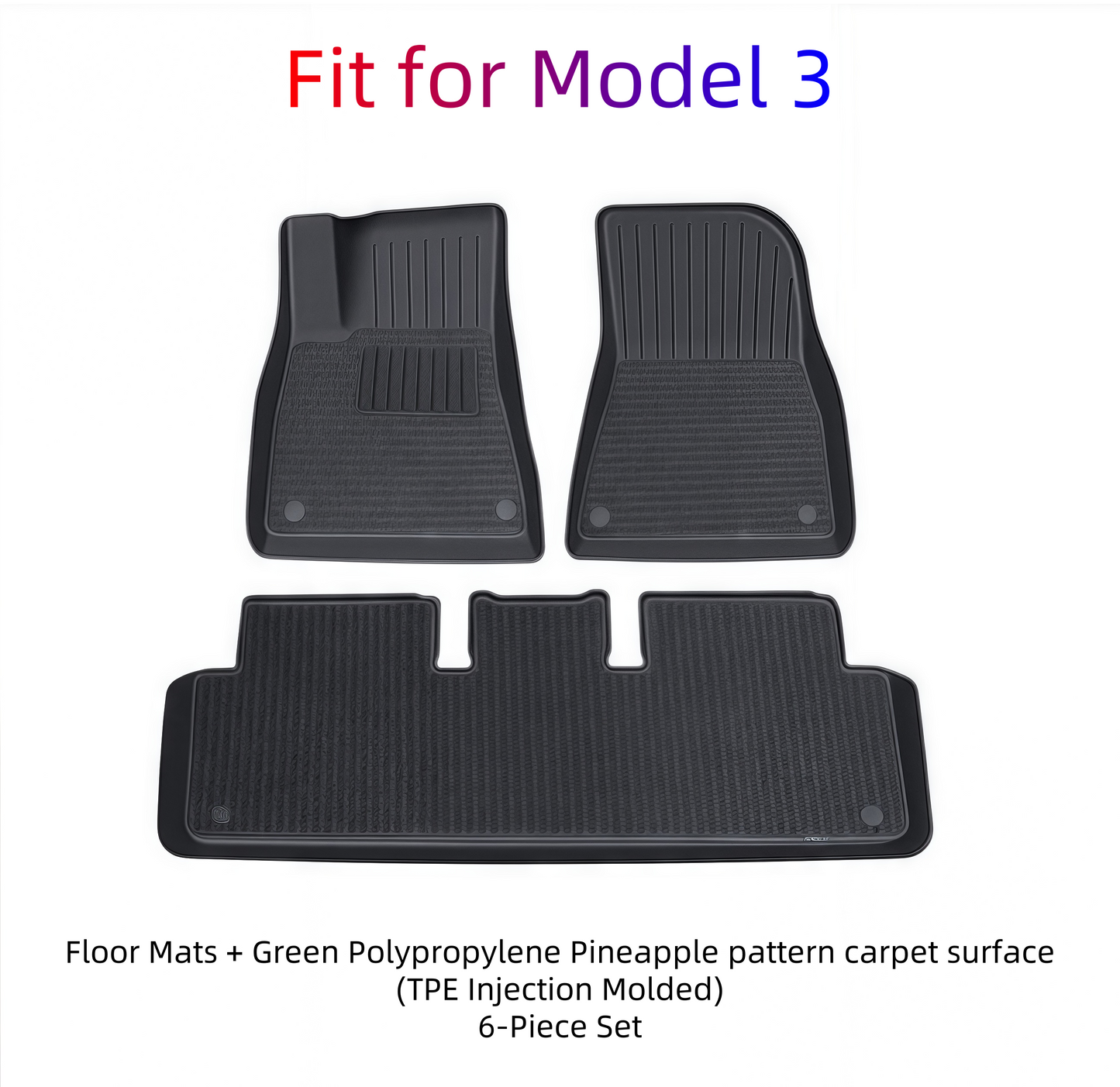 Model 3 Floor Mats + Green Polypropylene carpet surface(TPE Injection Molded)6-Piece Set