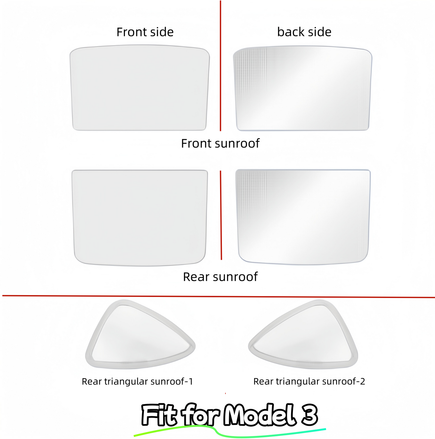 Tesla Model 3 Detachable Car Sunshade （contain：front sunroof、rear sunroof、2pcs Rear triangular sunroof）