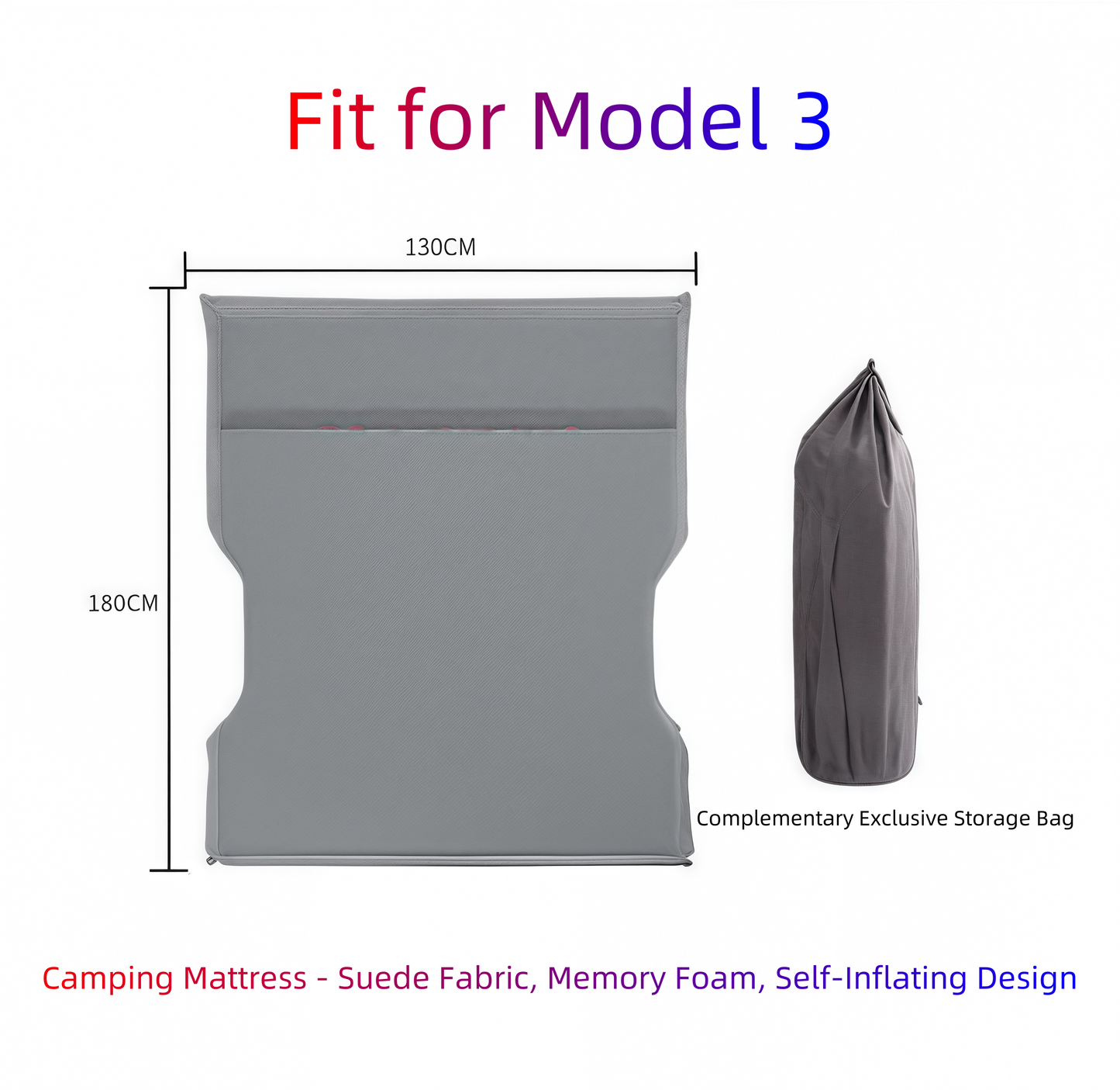 Model 3 Car Camping Mattress - Suede Fabric, Memory Foam, Self-Inflating