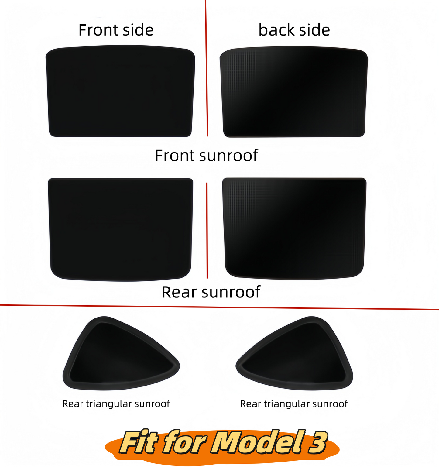 Tesla Model 3 Detachable Car Sunshade （contain：front sunroof、rear sunroof、2pcs Rear triangular sunroof）