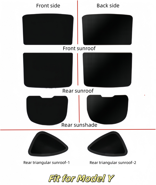 Tesla Model Y Detachable Car Sunshade （contain：front sunroof、rear sunroof、Rear windshield sunshade、2PcsRear triangular sunroof）